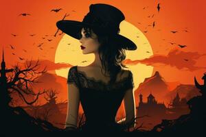 une femme dans une sorcière chapeau et noir robe permanent dans de face de une le coucher du soleil avec chauves-souris en volant autour sa génératif ai photo
