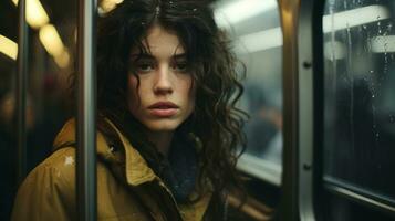 une femme dans une Jaune veste séance sur une métro train génératif ai photo