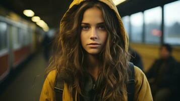 une femme dans une Jaune veste permanent dans de face de une train génératif ai photo