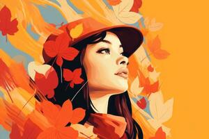 une femme dans un Orange chapeau est entouré par l'automne feuilles génératif ai photo