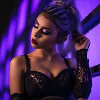 une femme dans noir lingerie posant dans de face de une violet lumière génératif ai photo