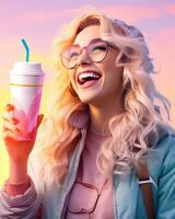 une femme dans des lunettes en portant une tasse de café et souriant génératif ai photo