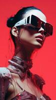 une femme dans futuriste des lunettes et une rouge Contexte génératif ai photo