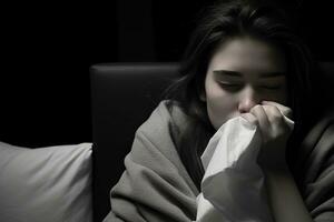 une femme est soufflant sa nez tandis que séance dans lit génératif ai photo