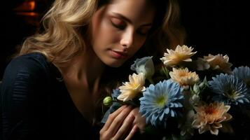 une femme est en portant une bouquet de fleurs génératif ai photo