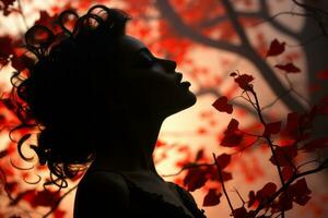 une femme est silhouette dans de face de rouge feuilles génératif ai photo