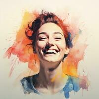 une femme est souriant dans de face de une aquarelle Contexte génératif ai photo