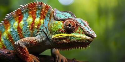 une coloré proche en haut caméléon avec une haute crête sur ses diriger. génératif ai photo