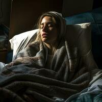 une femme pose dans lit avec une couverture plus de sa tête génératif ai photo