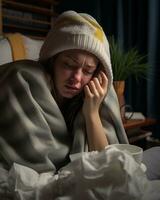 une femme pose dans lit couvert dans une couverture génératif ai photo