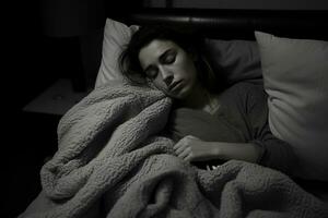 une femme en train de dormir dans lit avec une couverture génératif ai photo