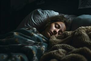 une femme en train de dormir dans lit avec une couverture génératif ai photo