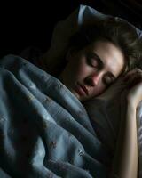 une femme en train de dormir dans lit avec sa yeux fermé génératif ai photo