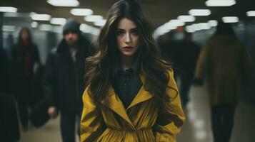 une femme portant une Jaune manteau dans une métro génératif ai photo