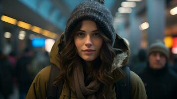 une femme portant une hiver chapeau et veste dans un aéroport génératif ai photo