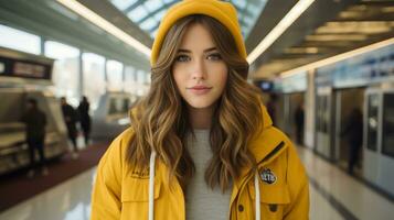 une femme portant une Jaune veste dans un aéroport génératif ai photo