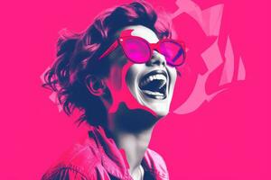 une femme portant rose des lunettes de soleil et en riant dans de face de une rose Contexte génératif ai photo
