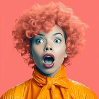 une femme avec un Orange perruque et un ouvert bouche génératif ai photo