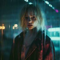 une femme avec blond cheveux permanent dans le pluie génératif ai photo