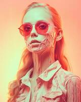 une femme avec du sang sur sa visage et rose des lunettes de soleil génératif ai photo