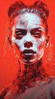 une femme avec du sang sur sa visage dans une rouge Contexte génératif ai photo