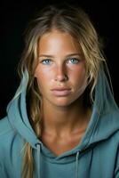 une femme avec bleu yeux portant une bleu sweat à capuche génératif ai photo