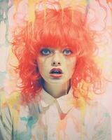 une femme avec brillant rouge cheveux permanent dans de face de une coloré Contexte génératif ai photo