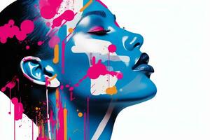 une femme avec coloré peindre éclaboussures sur sa visage génératif ai photo