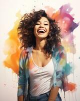une femme avec frisé cheveux et une sourire est permanent dans de face de une coloré peindre éclabousser génératif ai photo