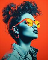 une femme avec frisé cheveux et des lunettes de soleil sur un Orange Contexte génératif ai photo