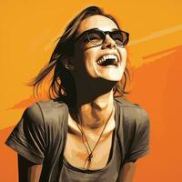 une femme avec des lunettes et une sourire sur un Orange Contexte génératif ai photo