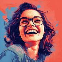 une femme avec des lunettes et une sourire sur sa visage génératif ai photo