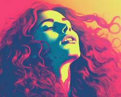 une femme avec longue frisé cheveux est dans de face de une coloré Contexte génératif ai photo