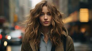 une femme avec longue cheveux permanent dans le milieu de une ville rue génératif ai photo