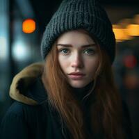 une femme avec longue rouge cheveux et une bonnet génératif ai photo