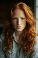 une femme avec longue rouge cheveux et bleu yeux génératif ai photo