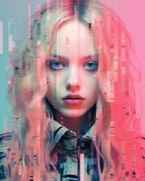 une femme avec rose et bleu cheveux dans de face de un abstrait Contexte génératif ai photo