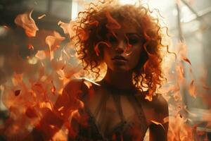 une femme avec rouge frisé cheveux est entouré par flammes génératif ai photo
