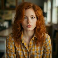 une femme avec rouge cheveux et une à carreaux chemise génératif ai photo