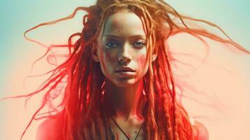 une femme avec rouge cheveux et dreadlocks génératif ai photo
