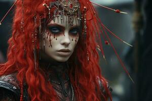 une femme avec rouge cheveux et maquillage génératif ai photo