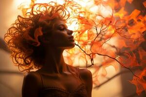 une femme avec rouge cheveux et Orange cheveux est dans de face de une Feu génératif ai photo