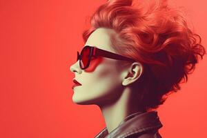 une femme avec rouge cheveux et des lunettes de soleil sur une rouge Contexte génératif ai photo