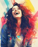 une femme avec rouge cheveux est en riant dans de face de une coloré Contexte génératif ai photo