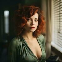 une femme avec rouge cheveux posant dans de face de une fenêtre génératif ai photo