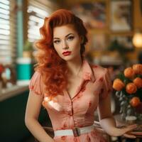 une femme avec rouge cheveux séance à une table génératif ai photo