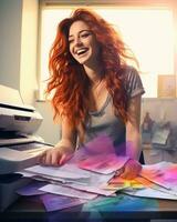 une femme avec rouge cheveux séance à une bureau avec papiers génératif ai photo