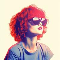 une femme avec rouge cheveux portant des lunettes de soleil et une bleu chemise génératif ai photo