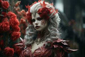 une femme avec rouge maquillage et fleurs dans sa cheveux génératif ai photo