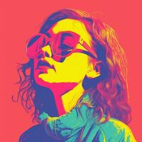 une femme avec des lunettes de soleil sur une coloré Contexte génératif ai photo